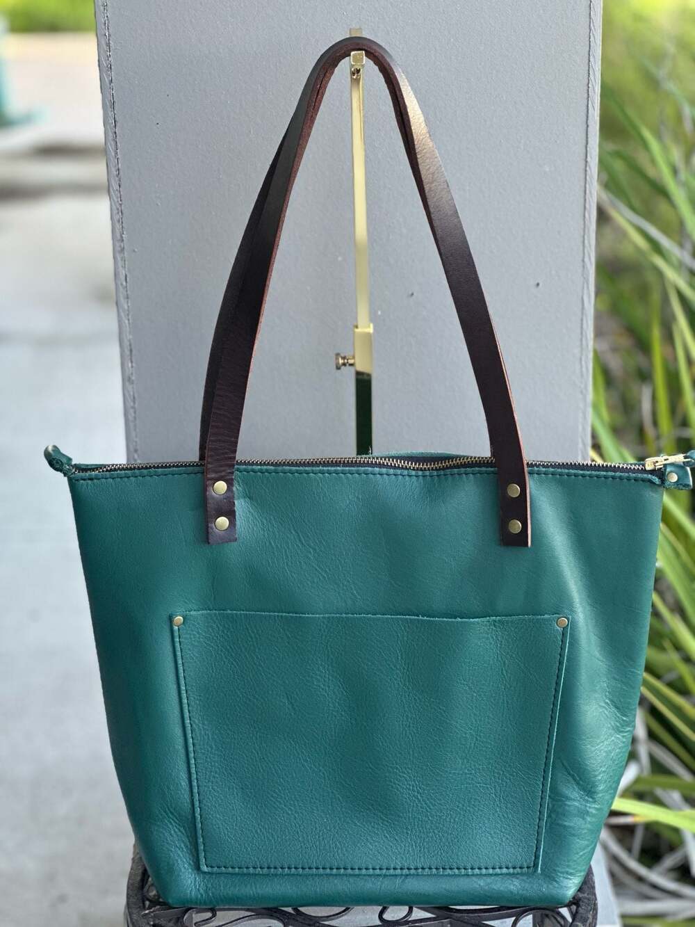 Portland Leather Goods Medium Zip Top Leather Tote Peacock Blue Brown Handles
